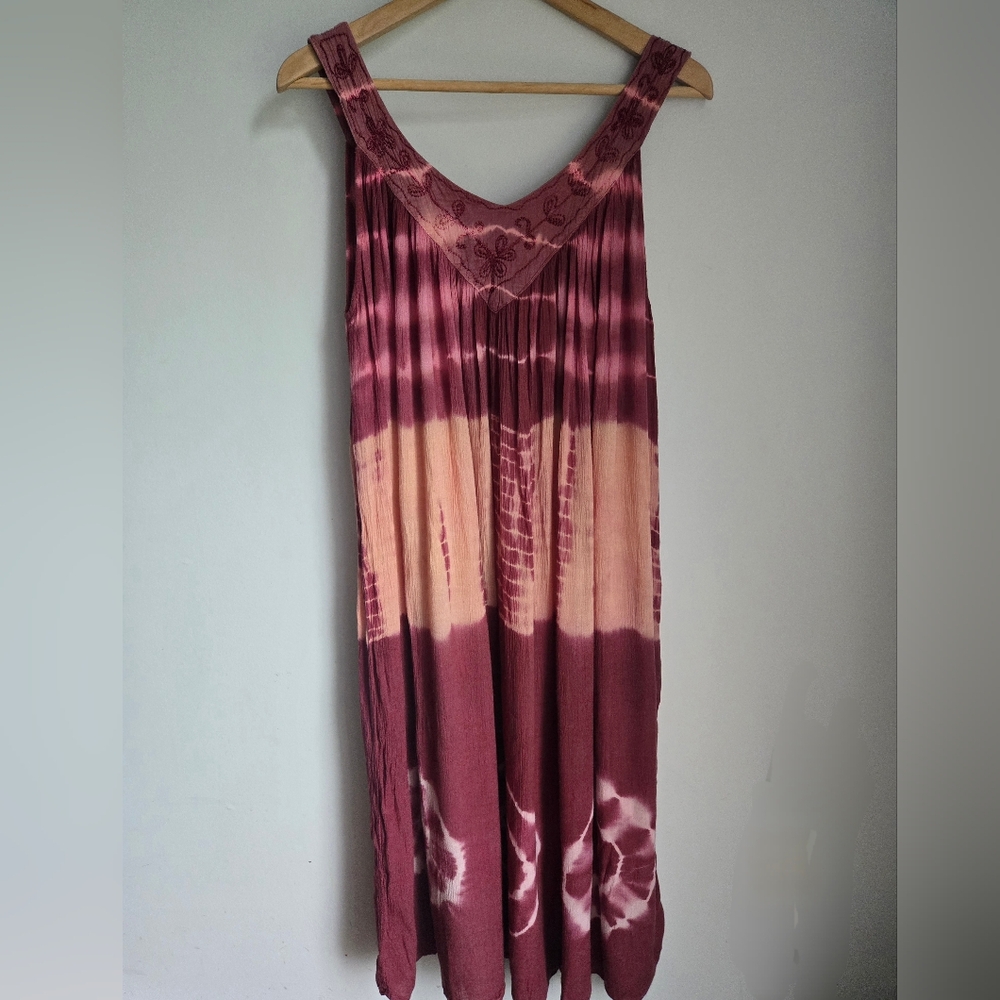 STYLEWORKS Tie-Dye Sleeveless Rayon Maxi Dress - Raspberry And Peach Colors
